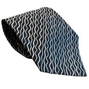 2/$15 Alfani 100%Silk mens necktie black with silver/white wavy stripes 4"x60.5"